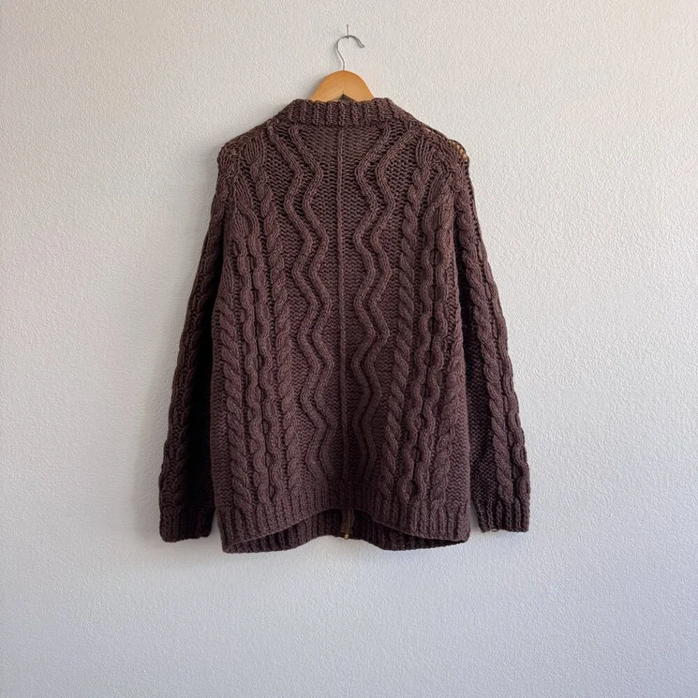 Vintage Unique Hand Knit Brown Zippered Fisherman Knit Cardigan - XS-M - Picture 2 of 4
